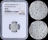 GERMAN STATES (BAVARIA): 2 Kreuzer (ND 1623-37) in silver. Obv: Shield of Wittelsbach arms with scalloped sides in circle. Rev: Imperial orb with valu...