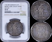 GERMAN STATES - BRUNSWICK/LUNEBURG/CALENBERG/HANNOVER: 2/3 Thaler (1742 IBH) in silver. Obv: Crowned quartered arms. Rev: Wildman with tree in right h...