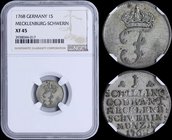 GERMAN STATES (MECKLENBURG-SCHWERIN): 1 Schilling (1768) in silver (0,375). Obv: Crowned "F". Rev: Value above date. Inside slab by NGC "XF 45". (KM 2...