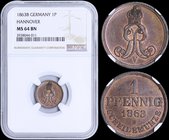 GERMAN STATES (HANNOVER): 1 Pfennig (1863 B) in copper. Obv: Crowned monogram. Rev: Denomination, date. Inside slab by NGC "MS 64 BN". (KM 233).
