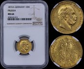 GERMAN STATES - PRUSSIA: 10 Mark (1872 A) in gold (0,900). Obv: Wilhelm I. Rev: Crowned imperial eagle. Inside slab by NGC "MS 64". (KM 502).