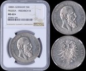 GERMAN STATES (PRUSSIA): 5 Mark (1888A) in silver (0,900). Obv: Friedrich III. Rev: Crowned imperial eagle. Inside slab by NGC "MS 62+". (KM 512).