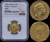 GERMAN STATES - PRUSSIA: 20 Mark (1888 A) in gold (0,900). Obv: Wilhelm II. Rev: Crowned imperial eagle. Inside slab by NGC "AU 53". (KM 516).