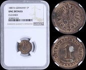 GERMANY: 1 Pfennig (1887A) in copper. Obv: Small crowned imperial eagle with shield on breast. Rev: Denomination. Inside slab by NGC "UNC DETAILS - CL...