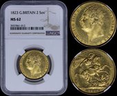 GREAT BRITAIN: 2 Pounds (1823) in gold (0,917). Obv: George IV. Rev: St George slaying the dragon. Inside slab by NGC "MS 62". (KM 690).
