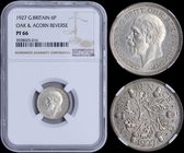 GREAT BRITAIN: 6 Pence (1927) in silver (0,500). Obv: George V. Rev: Six oak leaves and acorns divided. Inside slab by NGC "PF 66". (KM 832).