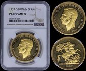 GREAT BRITAIN: 5 Sovereign (Pounds) (1937) in gold (0,917). Obv: George VI. Rev: St George slaying the dragon. Inside slab by NGC "PF 62 CAMEO". (KM 8...
