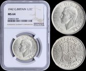 GREAT BRITAIN: 1/2 Crown (1942) in silver (0,500). Obv: George VI. Rev: Quartered shield flanked by crowned monograms. Inside slab by NGC "MS 64". (KM...