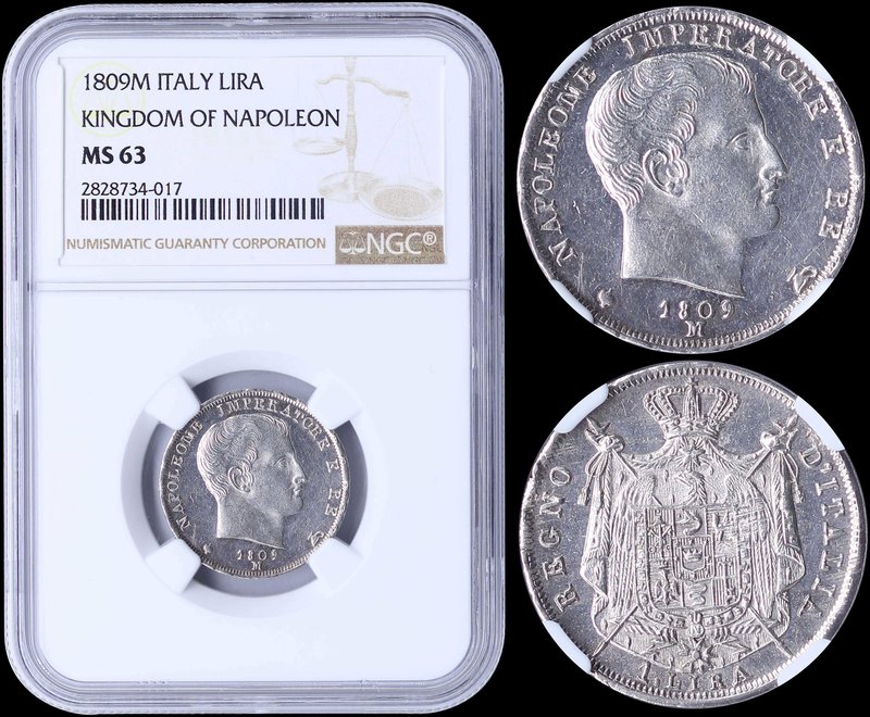 ITALIAN STATES / KINGDOM OF NAPOLEON: 1 Lira (1809 M) in silver (0,900). Obv: Na...