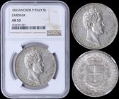 ITALIAN STATES - SARDINIA: 5 Lire (1843 FERRARIS//P) in silver (0,900). Obv: Head of Carlos Alberto. Rev: Crowned squarish shield of Savoy arms betwee...