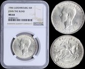 LUXEMBOURG: 50 Francs (ND 1946) in silver (0,835) commemorating the 600th Anniversary of John the Blind. Obv: Head facing left flanked by crowned shie...