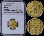 NETHERLANDS: 1 Ducat (1841) in gold (0,983). Obv: Standing armored knight divides date. Rev: Inscription within ornamented square. Inside slab by NGC ...