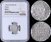 POLAND: 3 Groschen (1594 IF) in silver. Obv: Crowned and cuirassed bust, wearing ruffled collar. Rev: Coat of arms between imperial eagle left and kni...