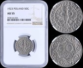 POLAND: 50 Groszy (1923) in nickel. Obv: Crowned eagle with wings open. Rev: Value within wreath. Inside slab by NGC "AU 55". (Y 13).
