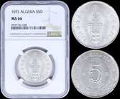 ALGERIA: 5 Dinars (1972) in silver (0,75) from FAO series commemorating the 10th anniversary. Obv: Tower with grain head at base dividing dates at bot...