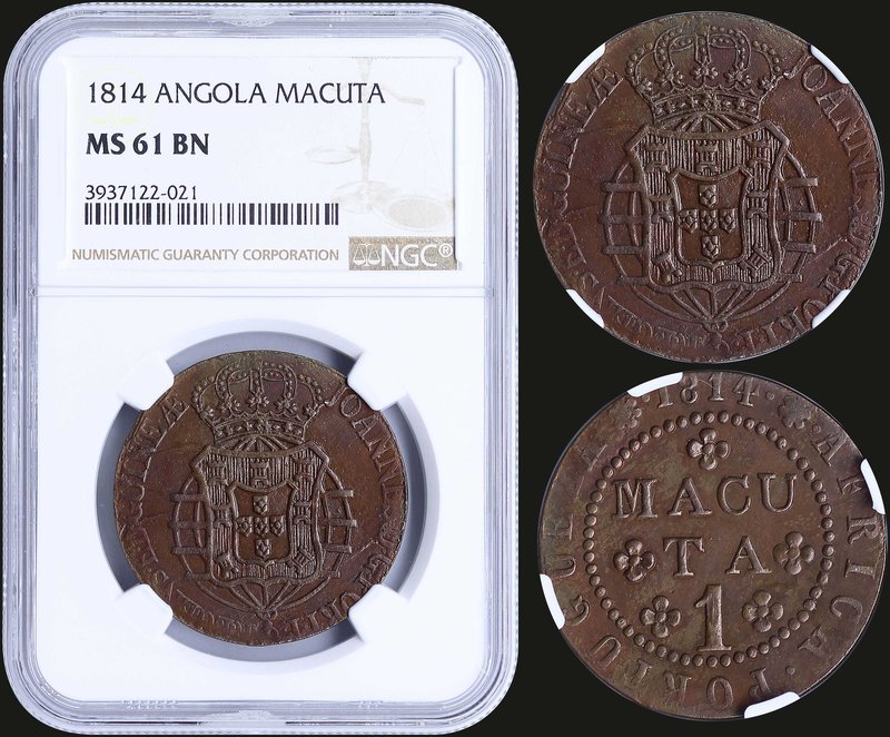 ANGOLA: 1 Macuta (1814) in copper with crowned arms. Inside slab by NGC "MS 61"....