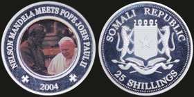 SOMALIA: 25 Shillings (2004) colored commemorative coin in silver plated base. Obv: Nelson Mandela meets Pope John Paul II. Proof.