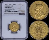 SOUTH AFRICA: 1 Pond (1892) in gold (0,916). Obv: Bust facing left. Rev: Double shaft wagon tongue. Inside slab by NGC "UNC DETAILS - MOUNT REMOVED". ...