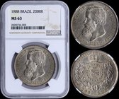 BRAZIL: 2000 Reis (1888) in silver (0,917). Obv: Pedro II (without LUSTER F). Rev: Crowned arms within wreath. Inside slab by NGC "MS 63". (KM 485).