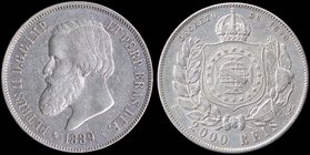 BRAZIL: 2000 Reis (1889) in silver (0,917). Obv: Pedro II. Rev: Crowned arms within wreath. (KM 485). Very Fine.