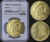 COLOMBIA: 8 Escudos (1800 P JF) in gold (0,875). Obv: Uniformed bust right. Rev: Crowned arms within order chain. Inside slab by NGC "AU 53". (KM 62.2...