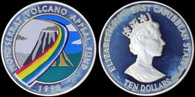 EAST CARIBBEAN STATES: 10 Dollars (1998) in silver (0,925) commemorating Montserrat Volcano Appeal Fund. Obv: Queens portrait. Rev: Multicolor rainbow...