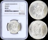 ECUADOR: 2 Sucres (1944 Mo) in silver (0,720). Obv: Head of Sucre. Rev: Flag draped arms, denomination above. Inside slab by NGC "MS 65". (KM 80).