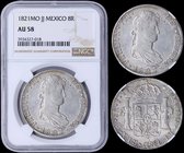 MEXICO: 8 Reales (1821MO JJ) in silver (0,896). Obv: Draped laureate bust of Ferdinand VII. Rev: Crowned shield flanked by pillars with banner. Mint m...