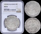 MEXICO: 8 Reales (1833MO MJ) in silver (0,903). Obv: Facing eagle, snake in beak. Rev: Radiant cap. Mint mark: Mexico City. Inside slab by NGC "AU 53"...