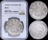 MEXICO: 8 Reales (1836MO MF) in silver (0,903). Obv: Facing eagle, snake in beak. Rev: Radiant cap. Mint mark: Mexico City. Inside slab by NGC "MS 61"...