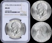 USA: 1 Dollar (1976 S) in silver (0,400). Obv: Dwight Eisenhower. Rev: The Liberty Bell in front of the moon. Inside slab by NGC "MS 65". (KM 206a).