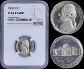 USA: 5 Cents (1988 S) in copper-nickel. Obv: Thomas Jefferson. Rev: Representation of Monticello. Inside slab by NGC "PF 67 CAMEO". (KM A192).