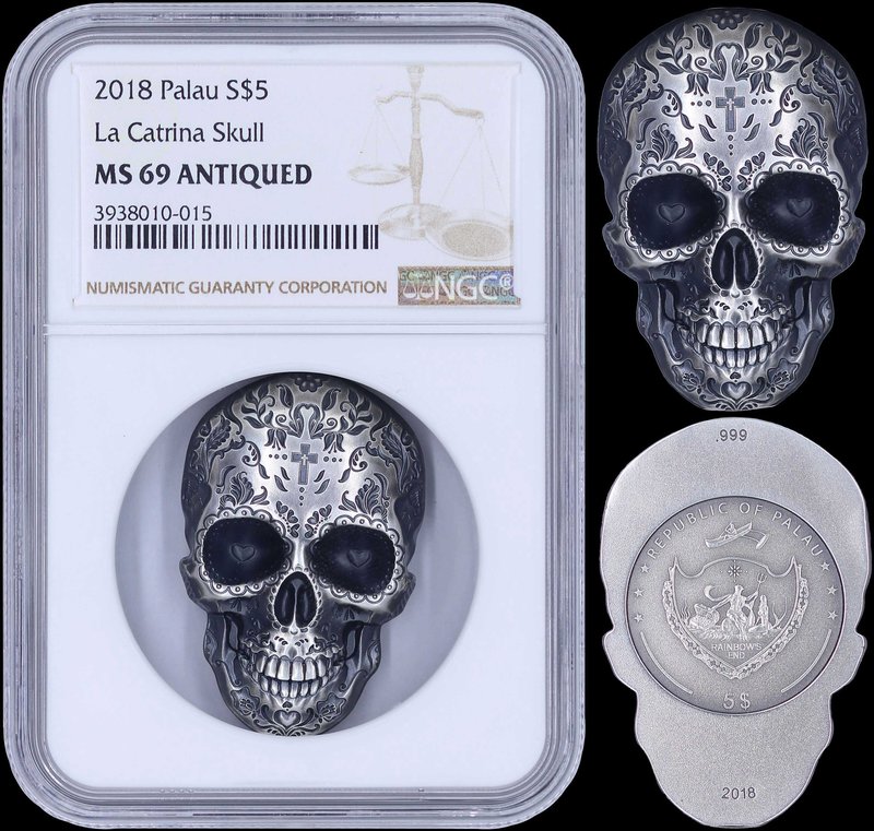 PALAU: 5 Dollars (2018) in silver (0,999). Subject: La Catrina Skull. Mintage: 1...