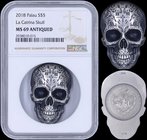 PALAU: 5 Dollars (2018) in silver (0,999). Subject: La Catrina Skull. Mintage: 1750 pieces. Inside slab by NGC "MS 69 ANTIQUED".