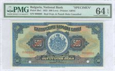 BULGARIA: Specimen of 500 Leva (1922) in blue and multicolor with arms at center. Printed by ABNC. Inside plastic folder by PMG "Choice Uncirculated 6...