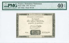 FRANCE / Domaines Nationaux: 10 Livres (24.10.1792) in black and white. S/N: "12322". WMK: "RP-FR". Inside plastic folder by PMG "Extremely Fine 40 - ...