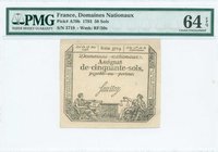 France / Domaines Nationaux: 50 Sols (1793) in black and white with "Allegorical women at lower left and right". S/N: "3719". WMK: "RF/50s". Inside pl...