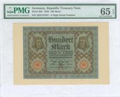 GERMANY: 100 Mark (1.11.1920) in dark brown with black text on blue and red unpt with "Bamberg Horseman" (in Bamberg Cathedral) at upper left and righ...