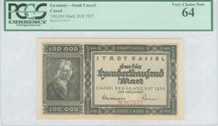 GERMANY: 100000 Mark (20.8.1923) by Stadt Cassel. Inside plastic folder by PCGS "Very Choice New 64".