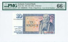 ICELAND: 10 Kronur (ND 1981 - Law 1961) in multicolor unpt with "Arnigrimur Jonsson" at right. Low S/N: "A00000528". WMK: "J. Siguorosson". Inside pla...