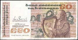 IRELAND REPUBLIC: 50 Pounds (5.11.1991) in red and brown on multicolor unpt with Turlough OCarolan playing harp in front of group. Signature: M.F. Doy...