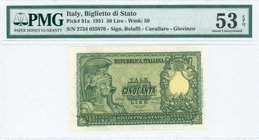 ITALY: 50 Lire (31.12.1951) in green and yellow unpt with "Italia" at left. S/N: "2734 035970". WMK: "50". Signatures: "Bolaffi, Cavallaro, Giovinco"....