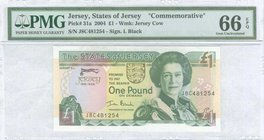 JERSEY: 1 Pound (2004) in dark green and purple on multicolor unpt with Queen Elizabeth II at right commemorating the 800th Anniversary of the special...