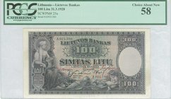 LITHUANIA: 100 Litu (31.3.1928) in dark purple on multicolor unpt with seated woman wearing national costume at left. Serial no "A 921380". WMK: Man w...
