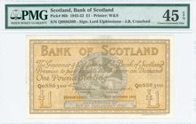 SCOTLAND: 1 Pound (22.10.1952) in yellow and gray by Bank of Scotland. Back: Light brown. S/N: "Q0886300". Printed by W&S. Signature: "Lord Elphinston...