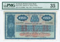 SCOTLAND: 5 Pounds (15.4.1955) in blue and red by The British Linen Bank. S/N: "A/11 010000". Printed by W&S. Printed signature title: "General Manage...