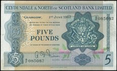 SCOTLAND - CLYDESDALE AND NORTH OF SCOTLAND BANK LTD.: 5 Pounds (1.6.1962) in dark blue on multicolor unpt with Arms at right. Pressed. (Pick 196). Ve...