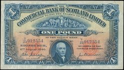 SCOTLAND - COMMERCIAL BANK OF SCOTLAND LIMITED: 1 Pound (6.8.1940) in blue on yellow and orange with portrait of John Pitcairn at bottom. Signature ti...