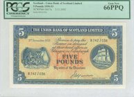 SCOTLAND - UNION BANK OF SCOTLAND LTD. 5 Pounds (3.11.1952) in blue on red, orange and yellow unpt with "Arms" at left and "Sailboat" at right. Signat...