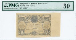 SERBIA: 1 Dinar (1.7.1876) in blue on yellow unpt with portrait of Prince Milan Obrenovich between cherubs at top center. S/N: "A8 017". Inside plasti...